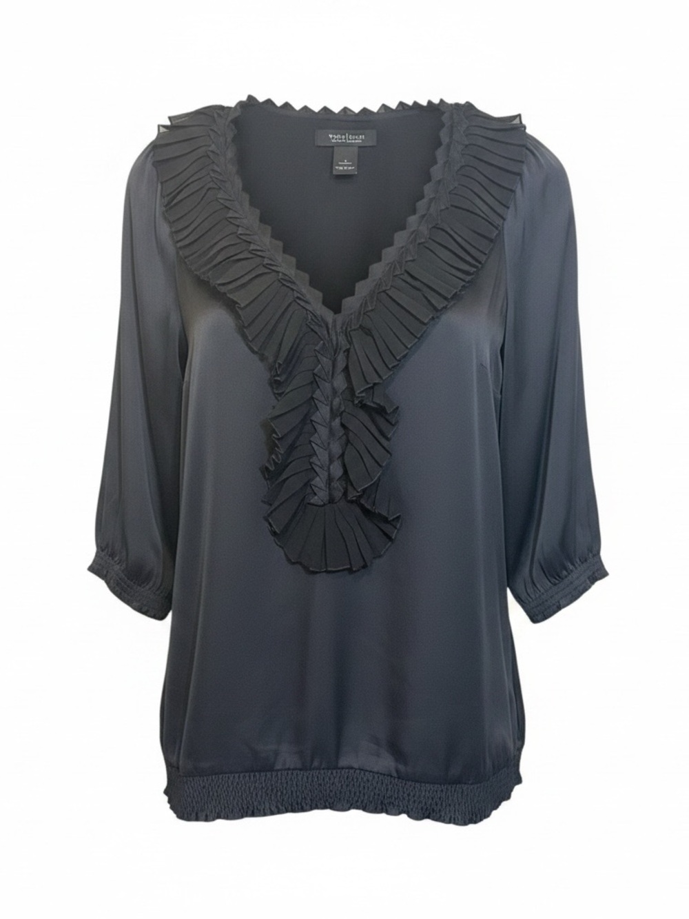 White House Black Market Black Pleated V-Neck Ruffle Blouse